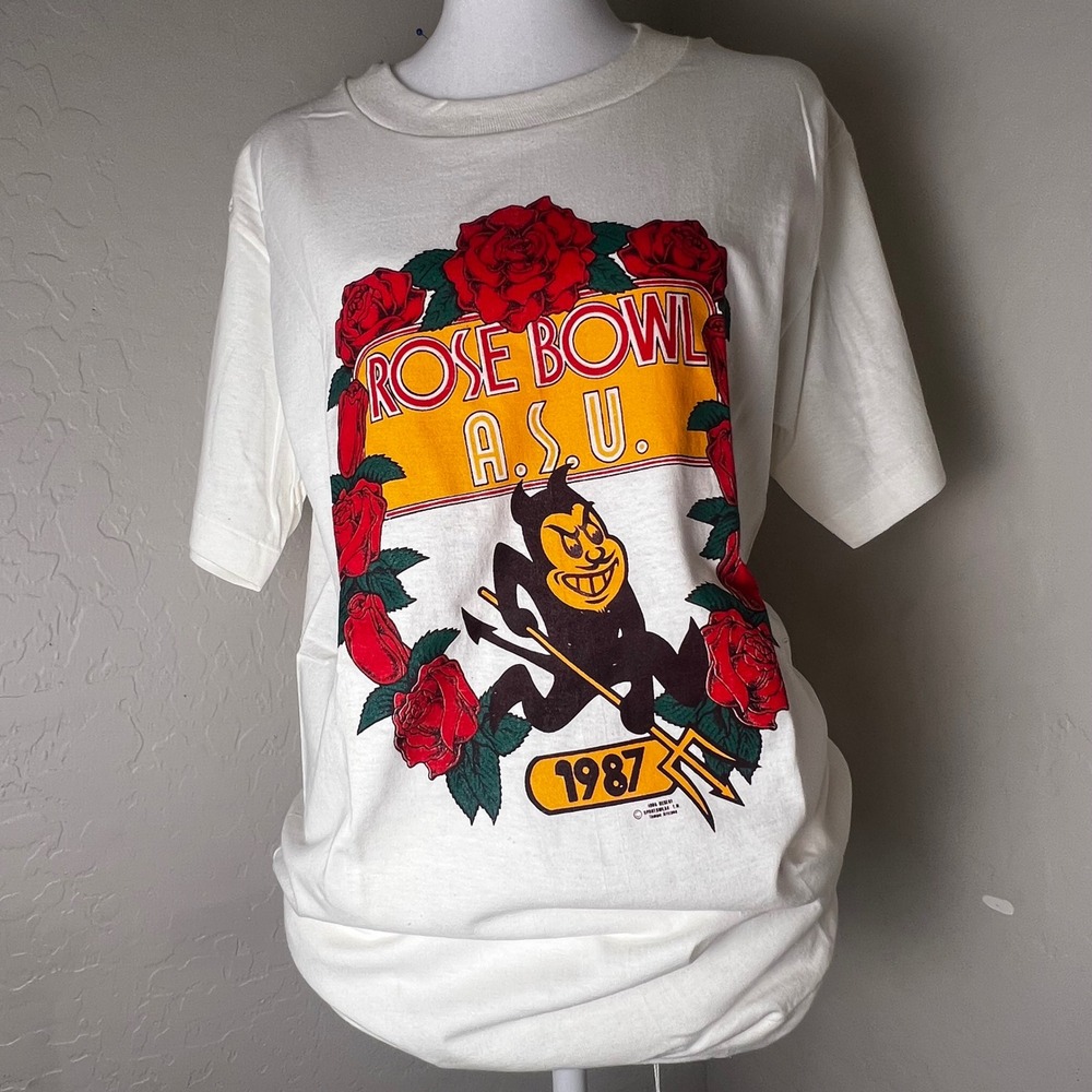 Vintage 1987 Rose Bowl ASU Arizona State Sun Devils T-Shirt Anvil USA L White